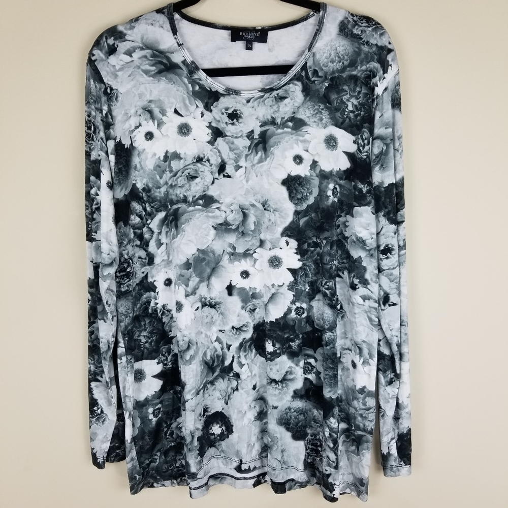 Bexleys Woman Black White Tunic Floral Stretch XL